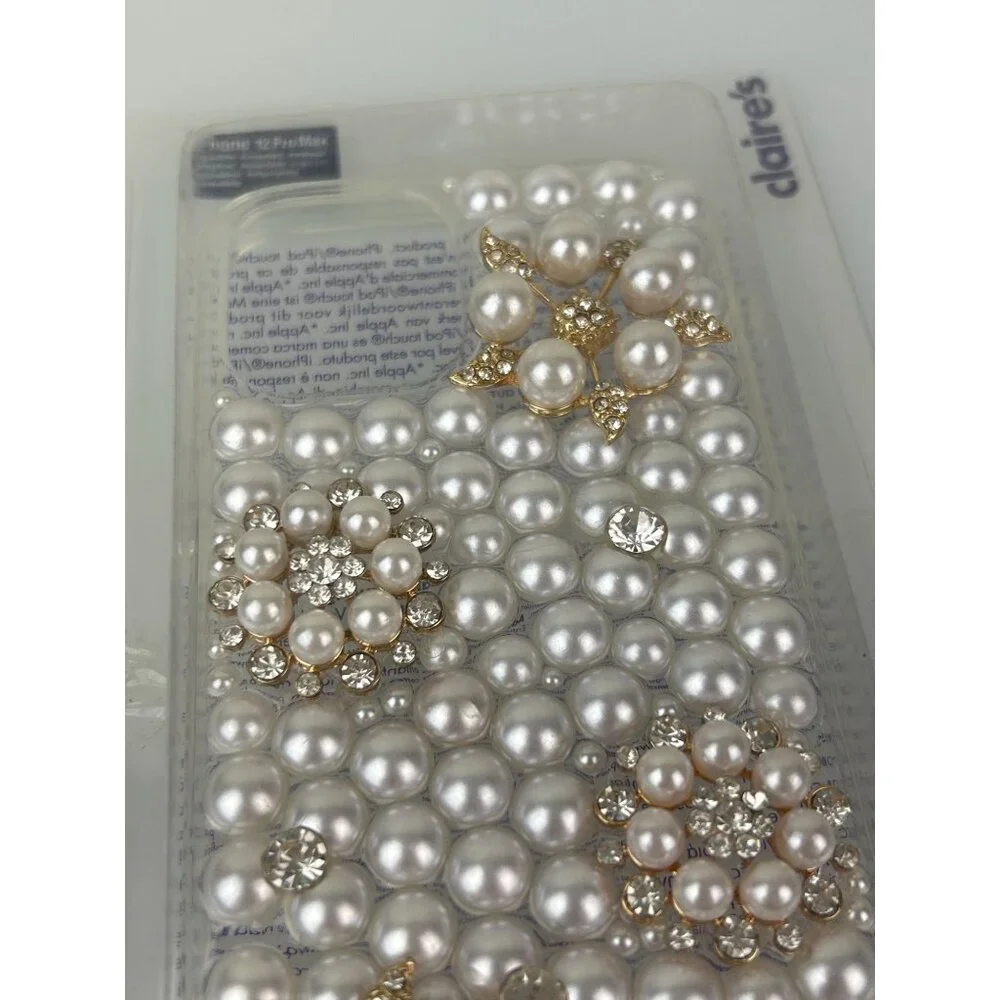 Claire's Iphone 12 ProMax Protective Phone Case White Pearl Rhinestone Floral